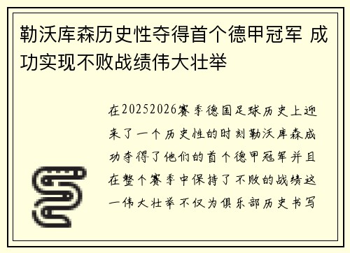 勒沃库森历史性夺得首个德甲冠军 成功实现不败战绩伟大壮举 勒沃库森历史性夺得首个德甲冠军 成功实现不败战绩伟大壮举